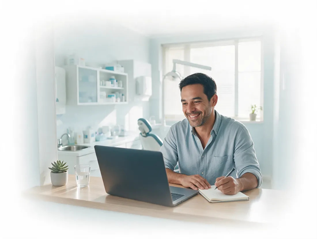 A clinic owner on a video call from his laptop while taking notes